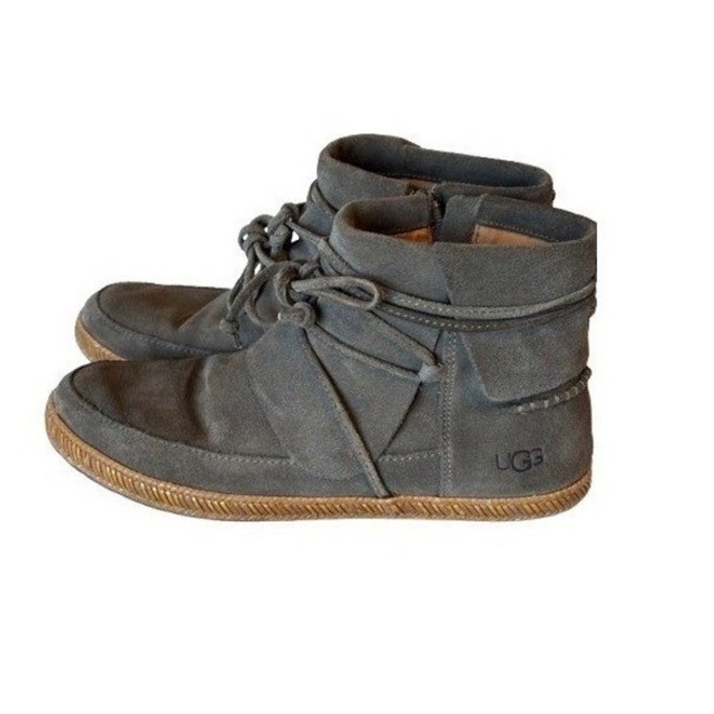 UGG Kalla Grey Suede Ankle Boots Moccasin Lace Up Side Zip  Womens 8